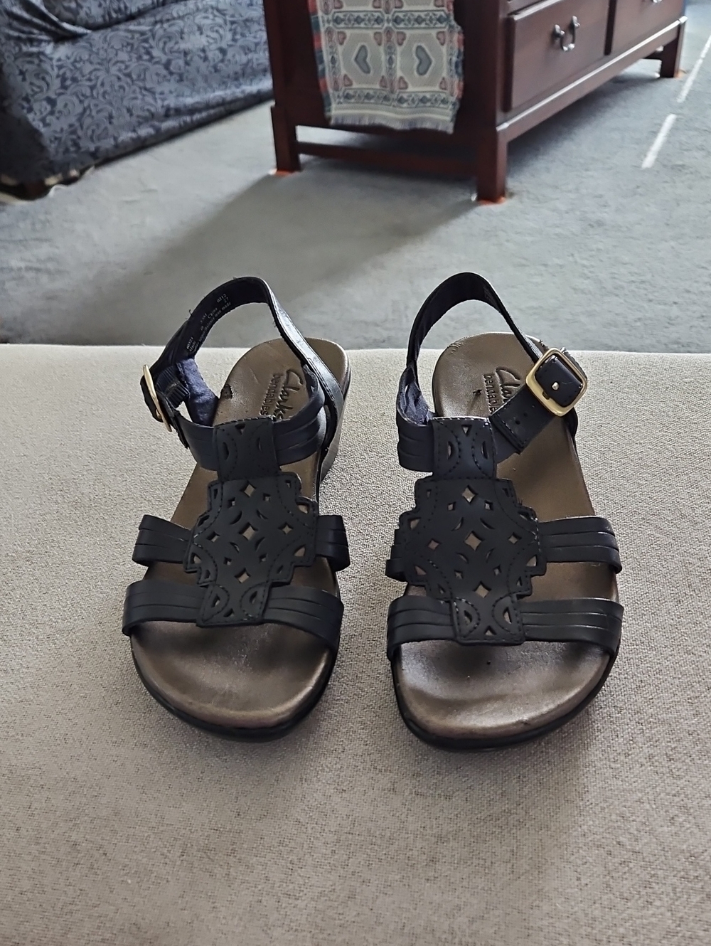 Clarks Black Strappy Sandals with Metallic Footbed